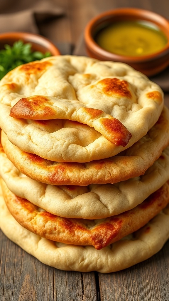 Freshly baked pita bread stacked on a wooden table with a bowl of olive oil.